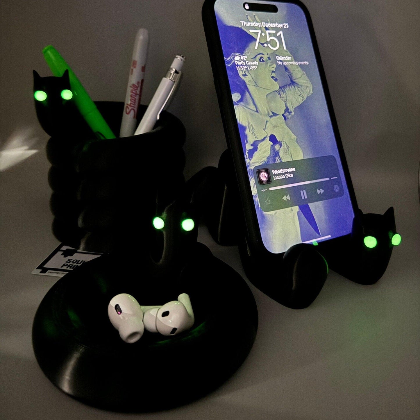 Goth Cat Desk Organizer Set | Glow in the Dark - Squee Prints