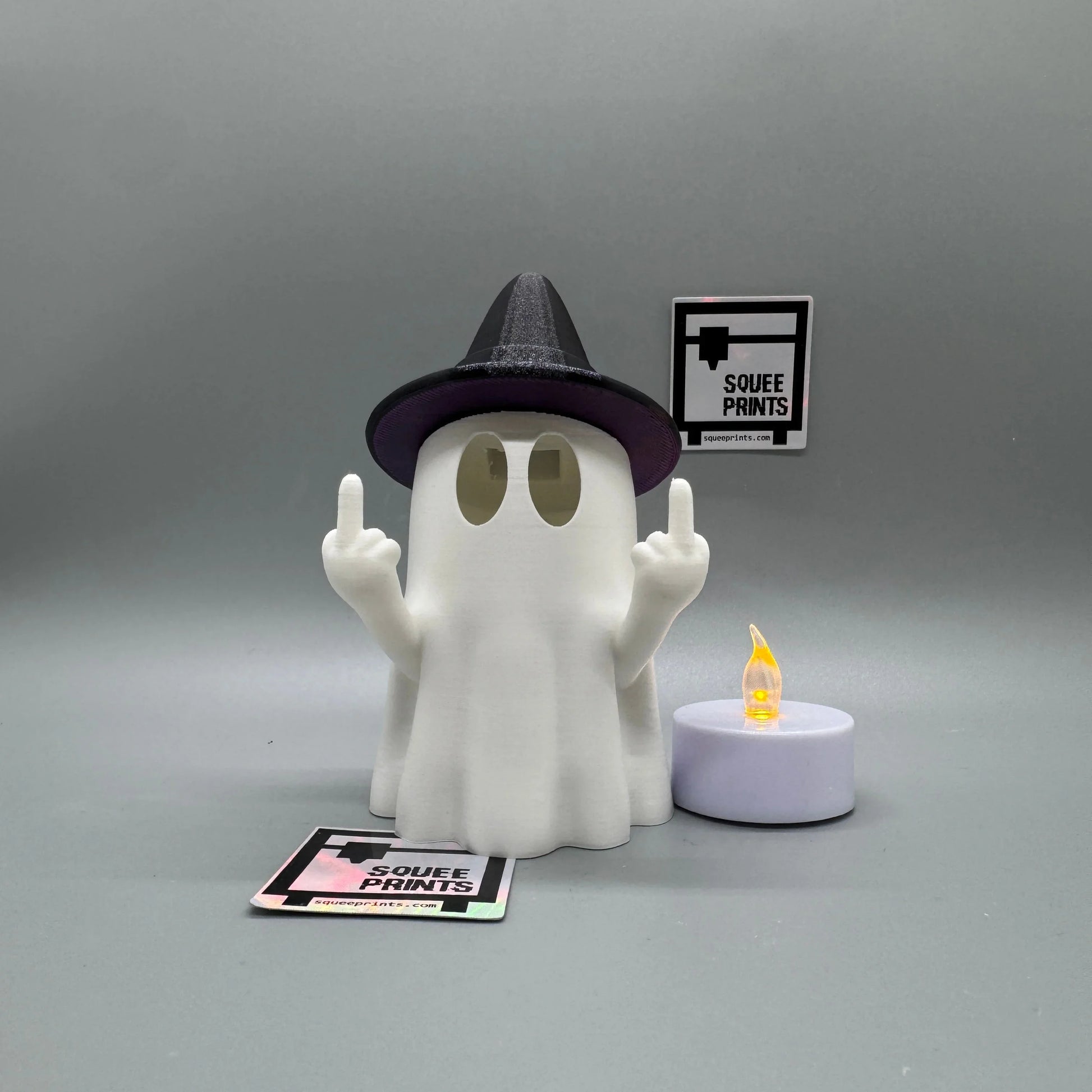 Middle Finger Ghost with Witch Hat | Halloween Decor | Tealight Ghost | 3D Printed - Squee Prints